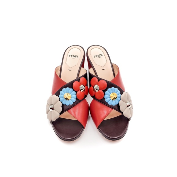 FENDI Brown Nappa Leather Floral Slip-On Heels Designer Mules Shoes EU 38 - Picture 3 of 10